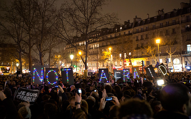 Picture borrowed from The Telegraph: http://www.telegraph.co.uk/news/worldnews/europe/france/11331726/Paris-Charlie-Hebdo-Attack-Spontaneous-rallies-of-defiance-sweep-France.html